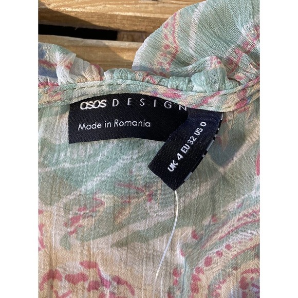 NEW Asos Design Paisley Ruffle Blouse Size 0 Women’s Green Button Front - Picture 3 of 8